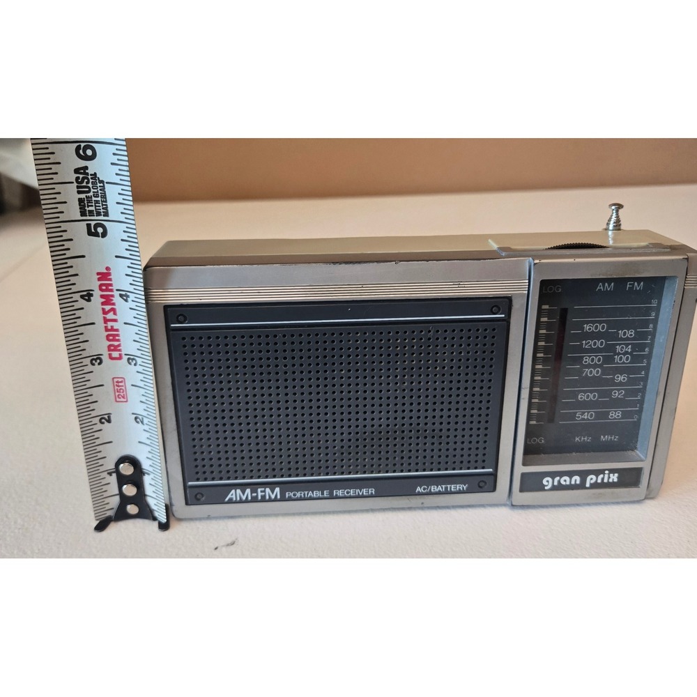Vintage Gran Prix AM FM Portable Radio AC Battery Analog Receiver Retro Silver